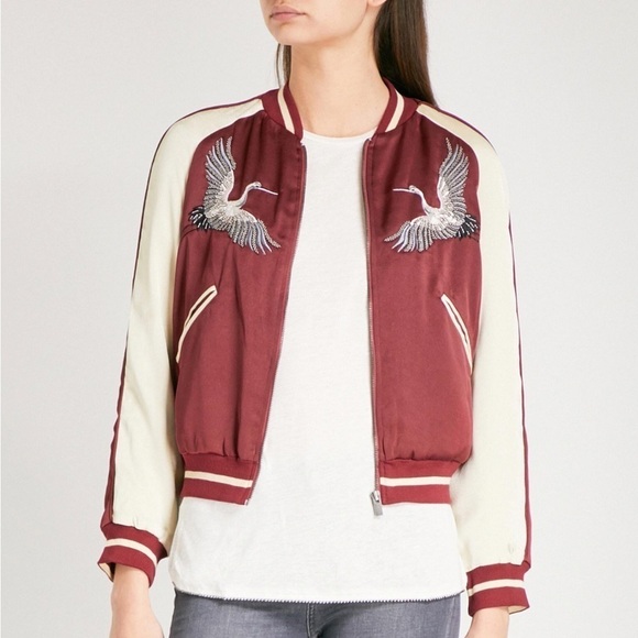 The Kooples- Birds of Paradise Burgundy Silk Bomber Jacket - Picture 1 of 6